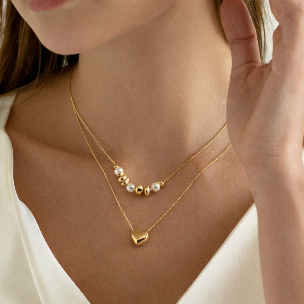 18kt Gold Polish Elegant Double-Layer Heart Necklace Anti-Tarnish & Anti-Allergic for Girls