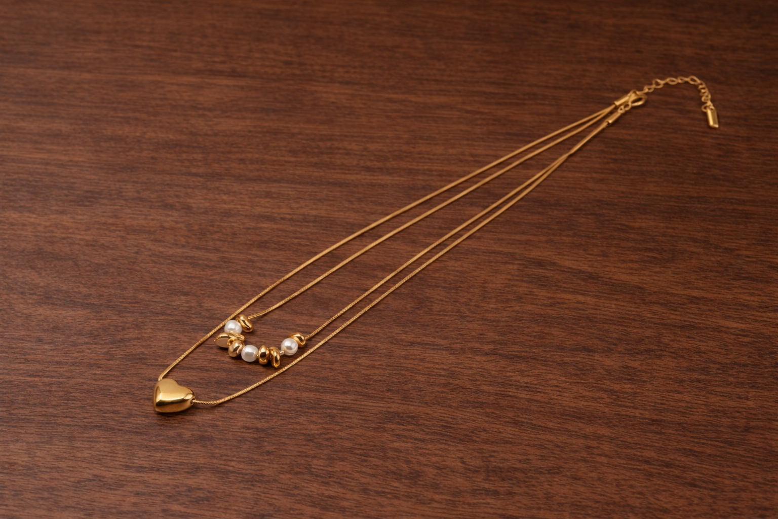 18kt Gold Polish Elegant Double-Layer Heart Necklace Anti-Tarnish & Anti-Allergic for Girls