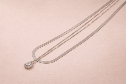 stainless steal silver polish necklace with double-layer crystal pendant anti tranish anti allergic for girls