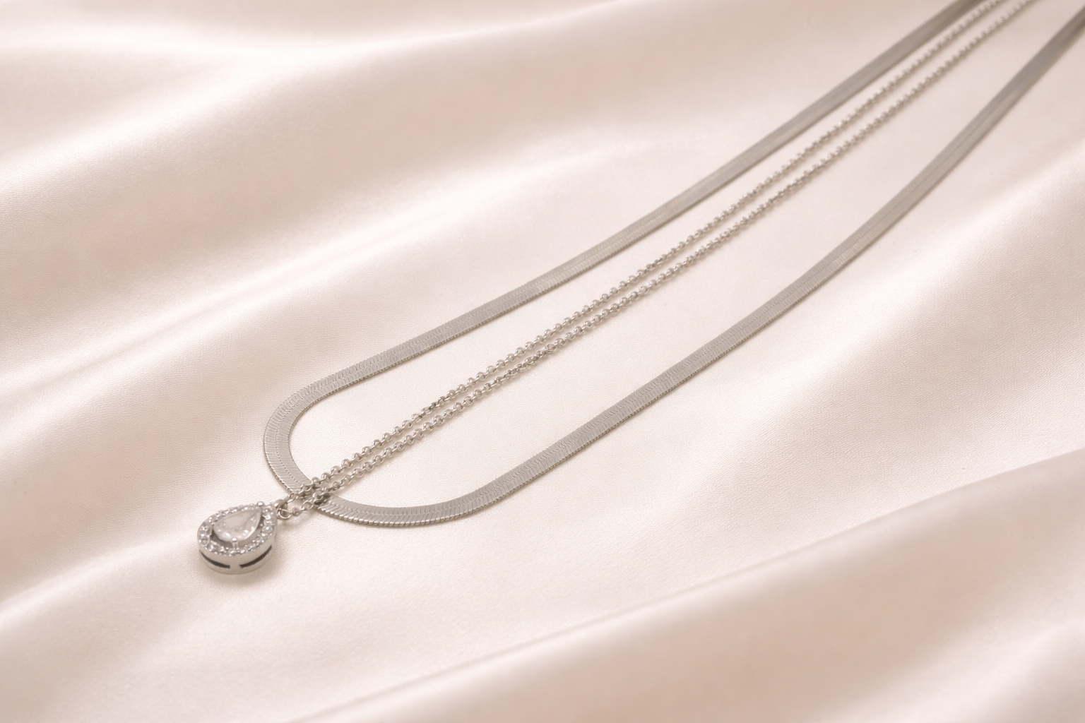 Stainless Steel Silver Polish Necklace with Double-Layer Crystal Pendant Anti-Tarnish & Anti-Allergic for Girls