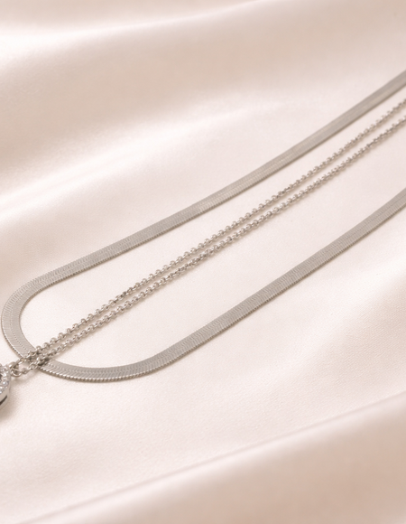 stainless steal silver polish necklace with double-layer crystal pendant anti tranish anti allergic for girls
