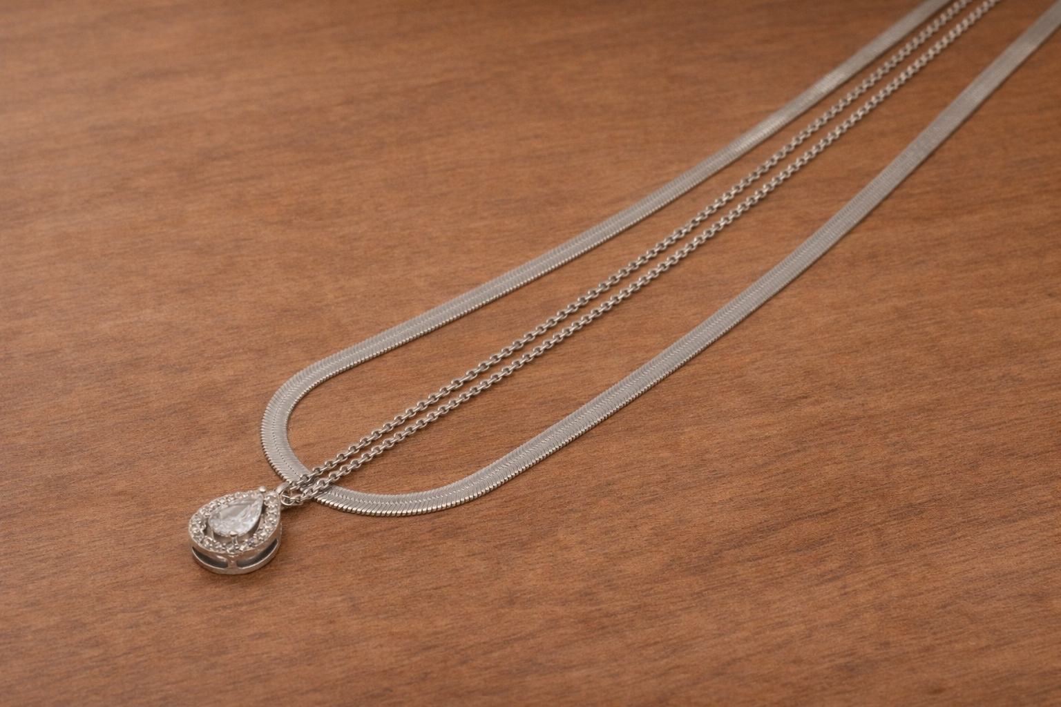 Stainless Steel Silver Polish Necklace with Double-Layer Crystal Pendant Anti-Tarnish & Anti-Allergic for Girls