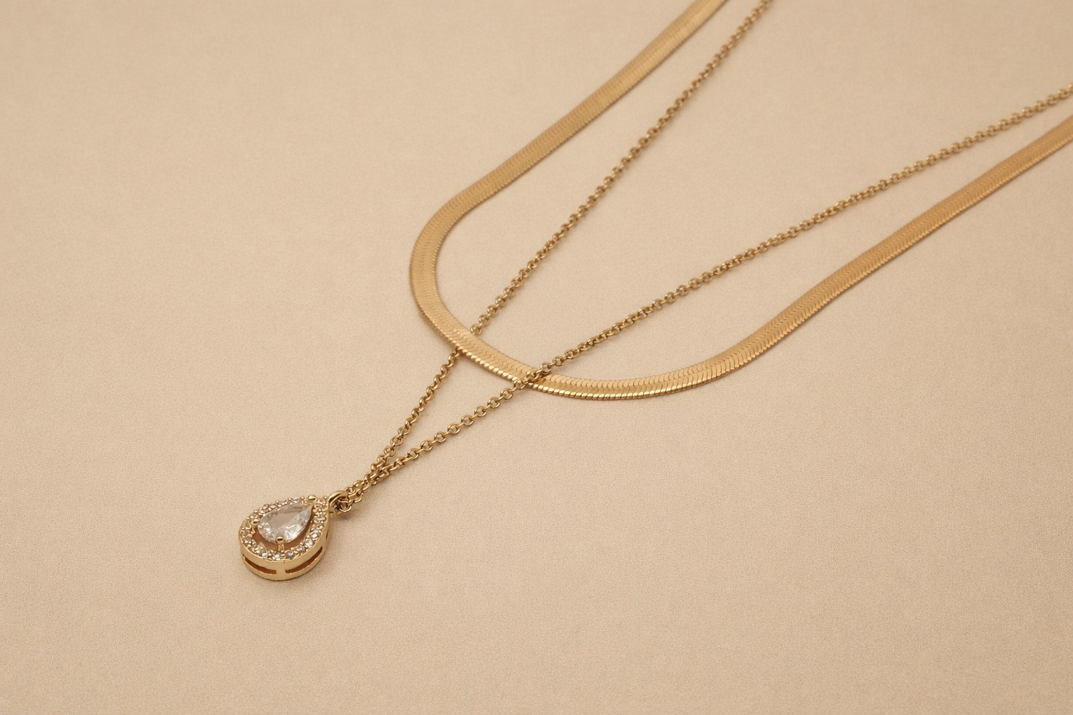 18kt Gold Polish Necklace with Double-Layer Crystal Pendant Anti-Tarnish & Anti-Allergic for Girls