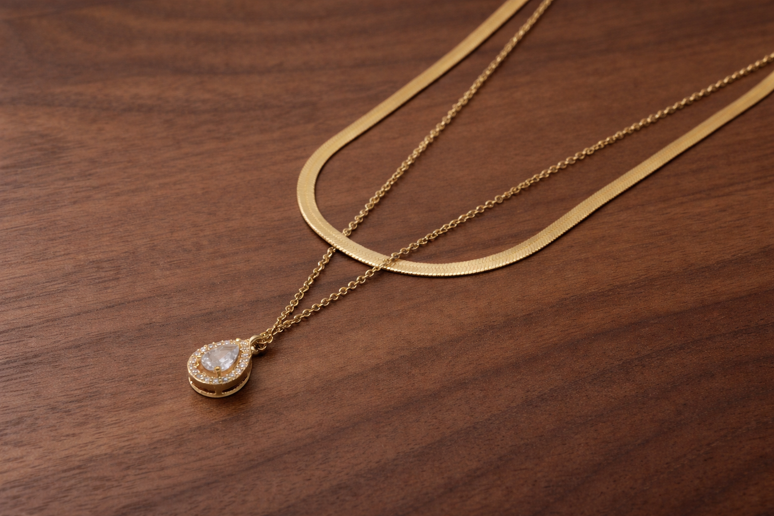 18kt Gold Polish Necklace with Double-Layer Crystal Pendant Anti-Tarnish & Anti-Allergic for Girls