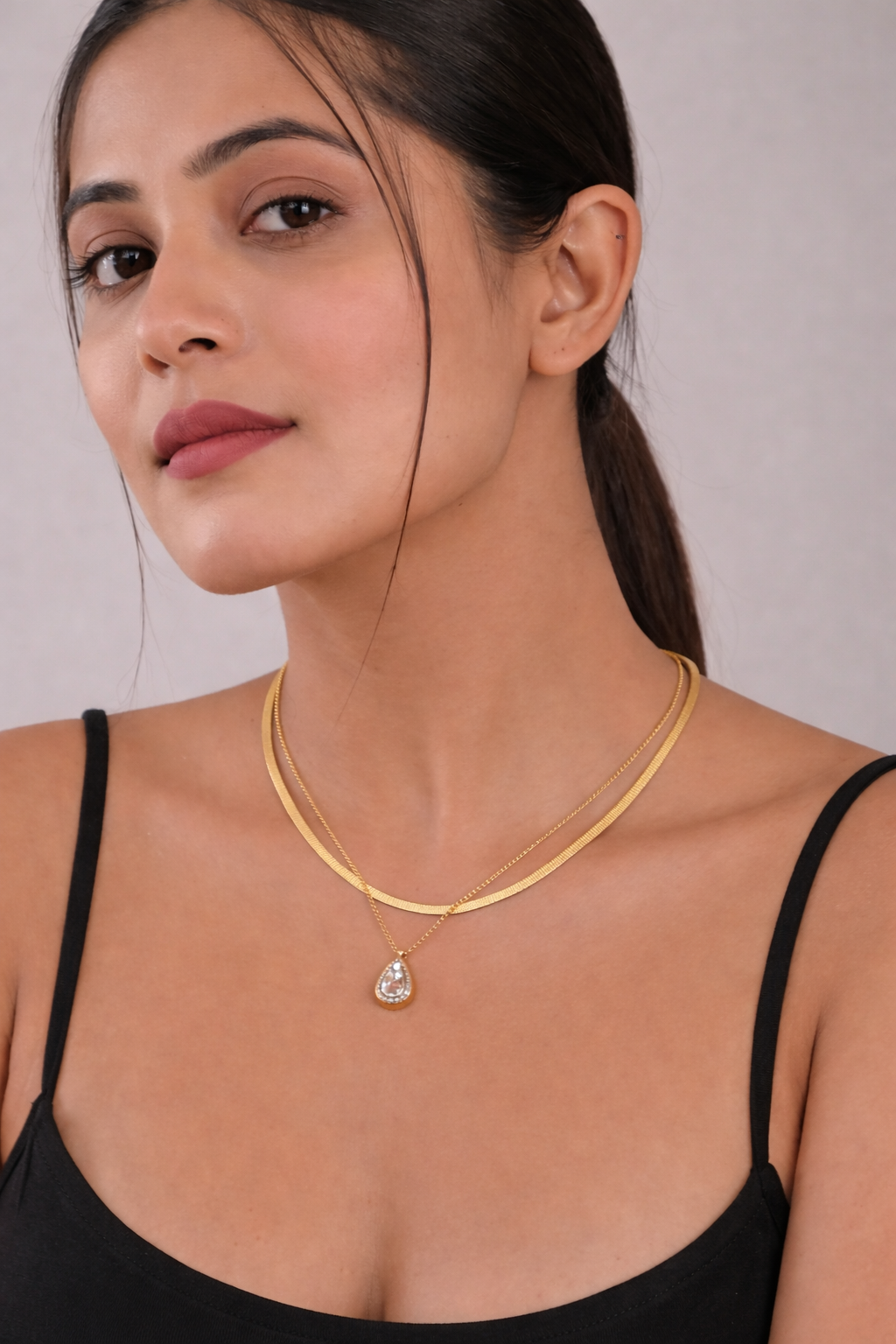 18kt Gold Polish Necklace with Double-Layer Crystal Pendant Anti-Tarnish & Anti-Allergic for Girls