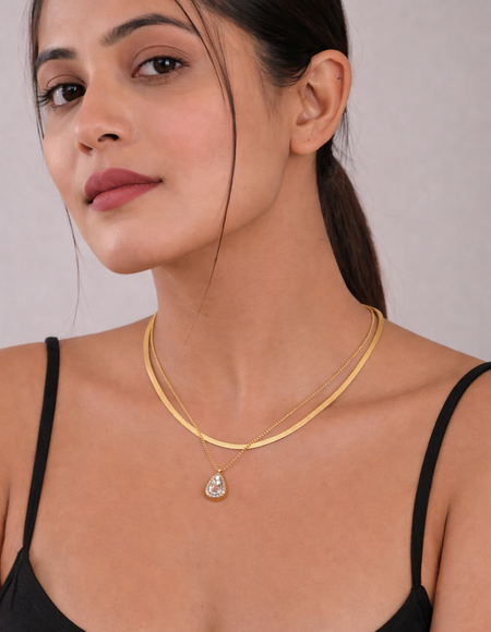 18kt gold polish necklace with double-layer crystal pendant anti tranish anti allergic for girls