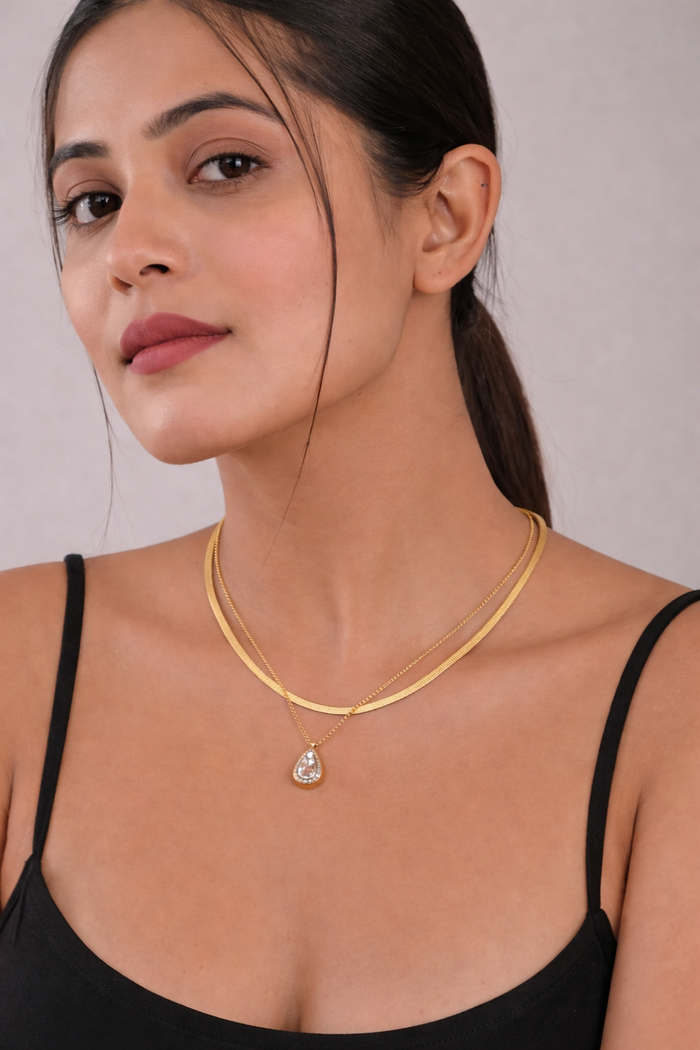Necklace with Double-Layer Crystal Pendant for Women – 18K Gold Plated