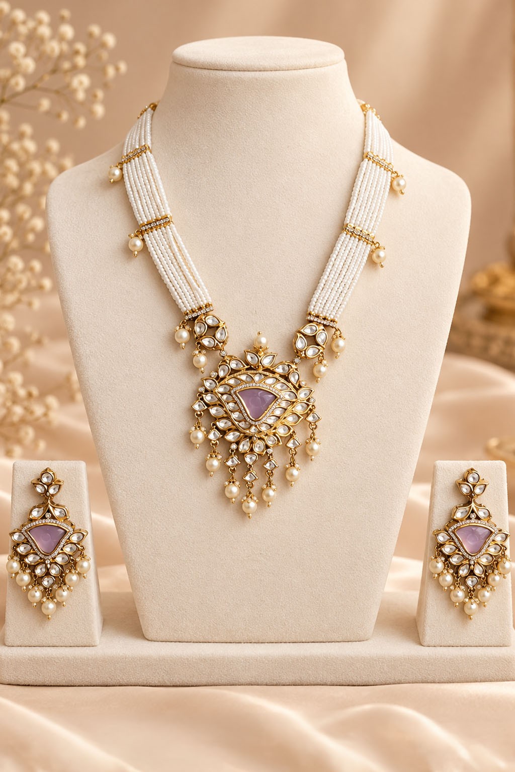 Long Kundan Necklace Set with Earrings – Light Pink