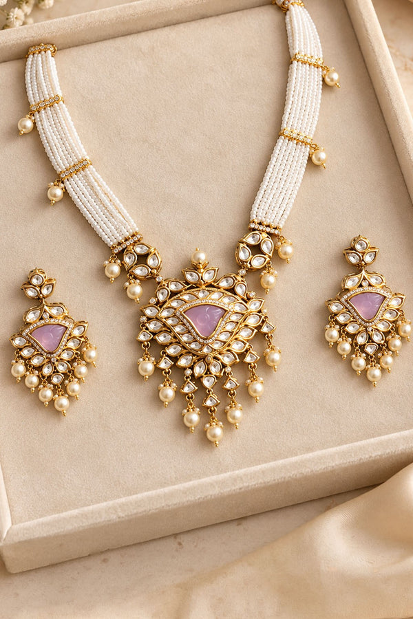 Long Kundan Necklace Set with Earrings – Light Pink