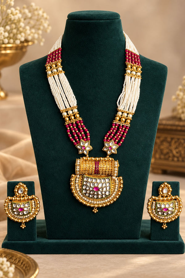Golden Pearl & Crystal Bead Kundan Long Set