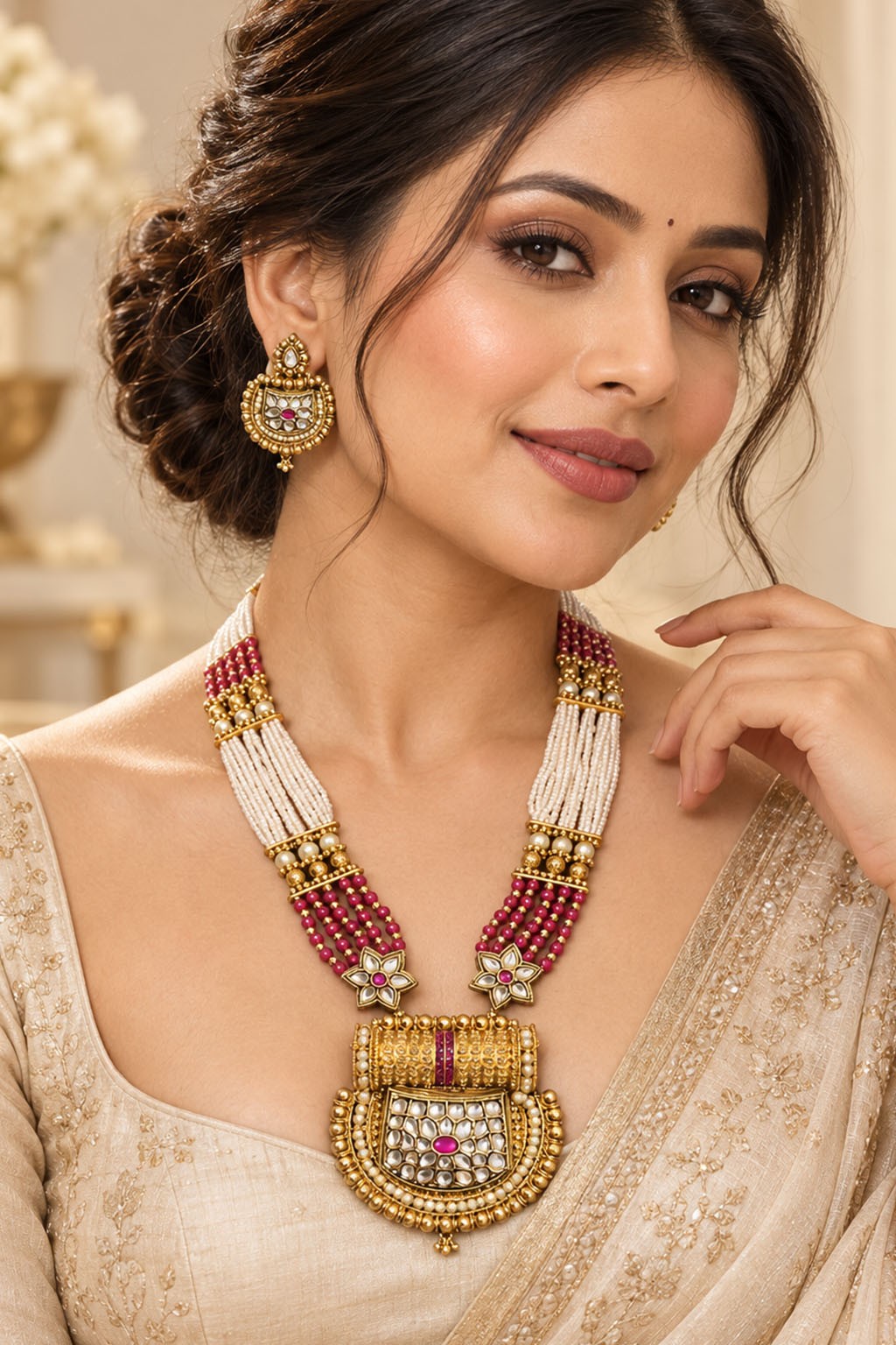 Golden Pearl & Crystal Bead Kundan Long Set