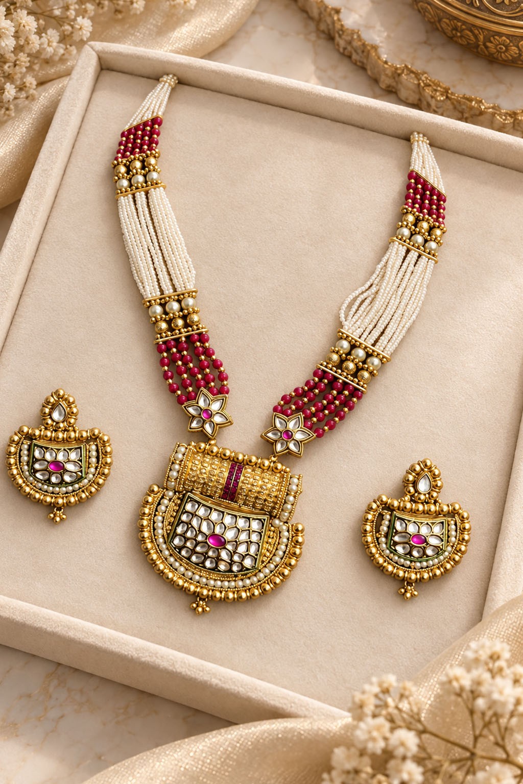 Golden Pearl & Crystal Bead Kundan Long Set