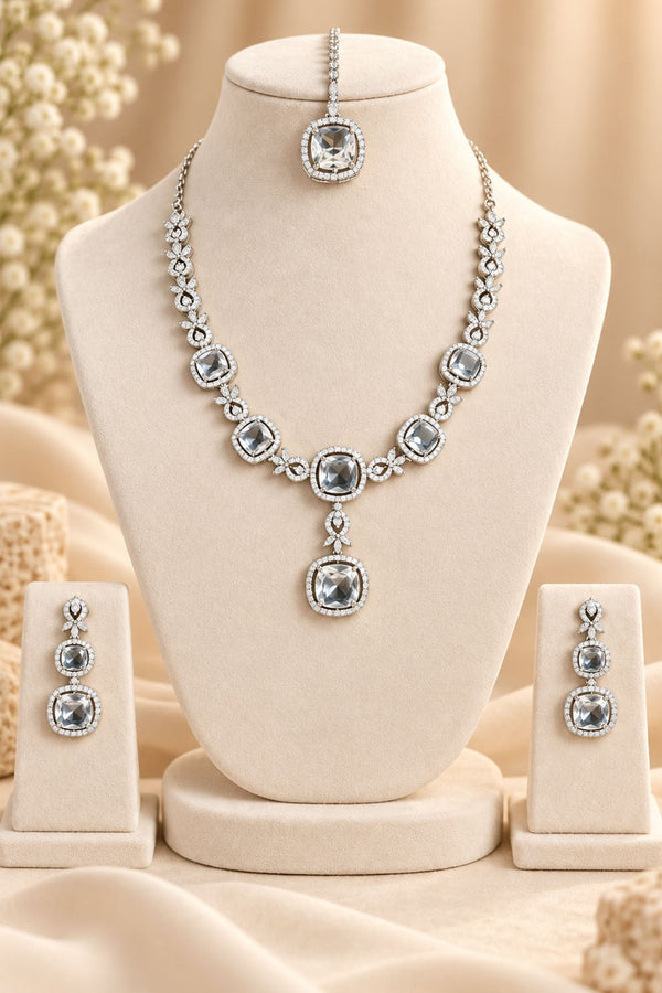 Silver American Diamond Necklace – Neutral Tones