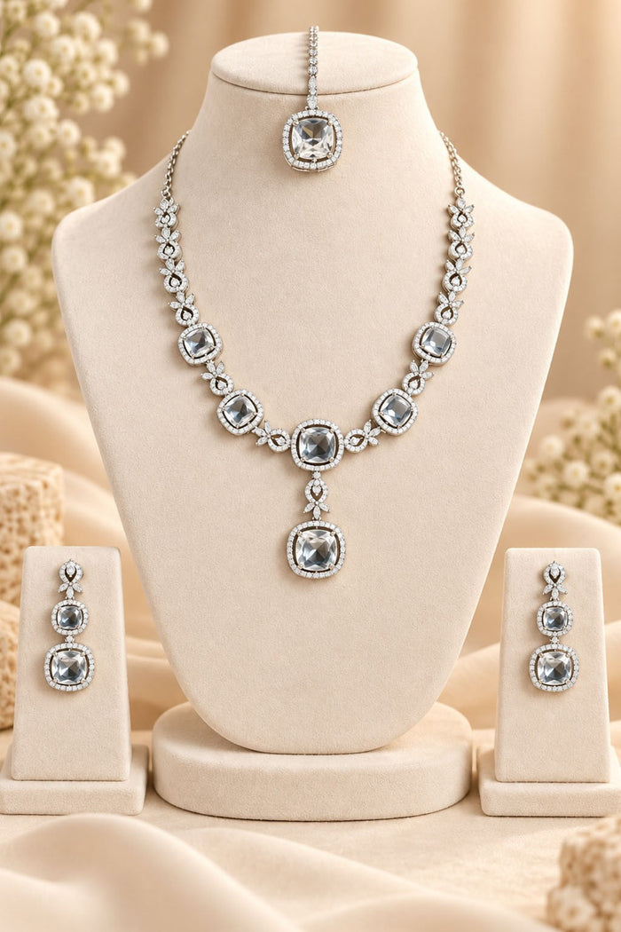 Silver American Diamond Necklace – Neutral Tones