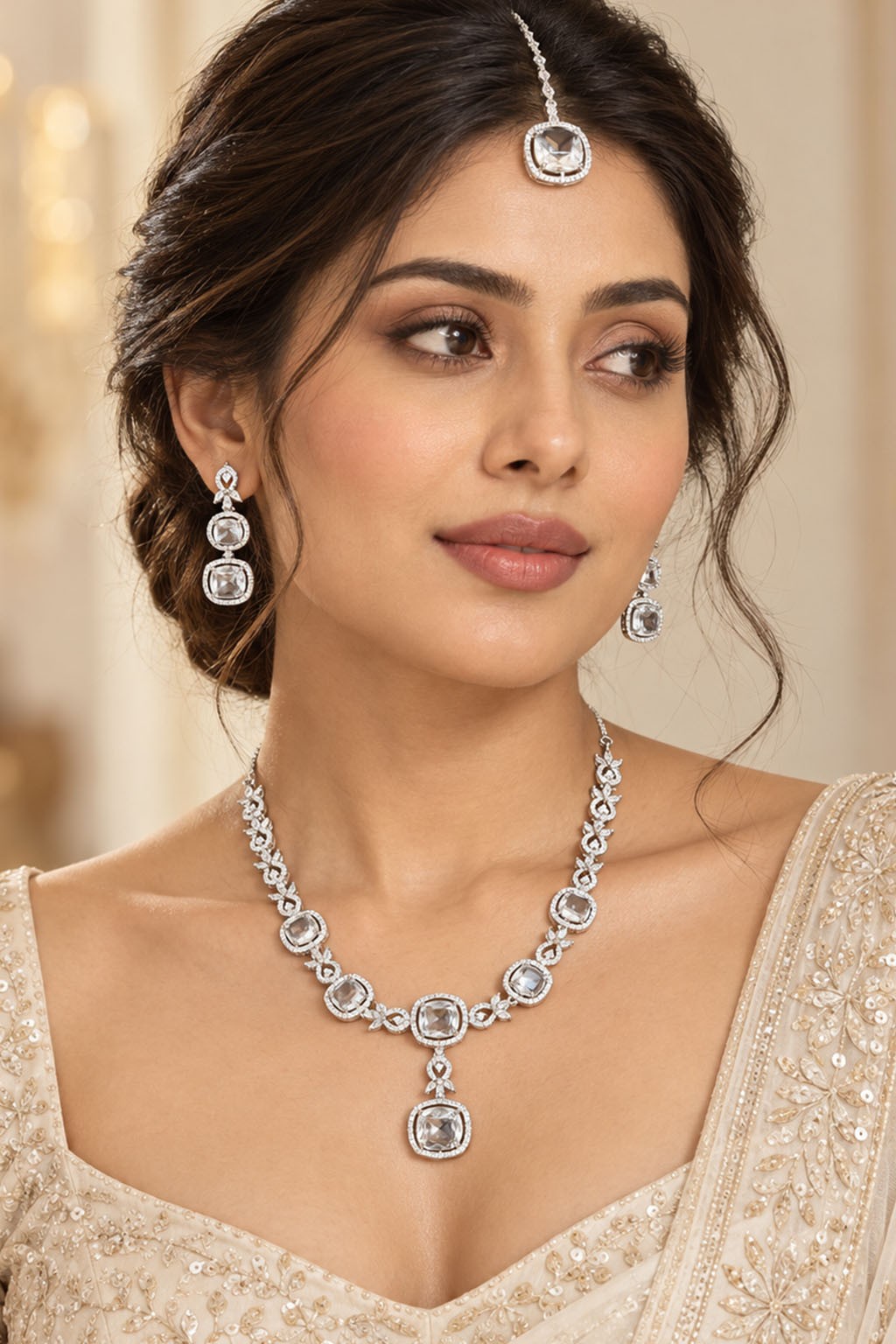 Silver American Diamond Necklace – Neutral Tones