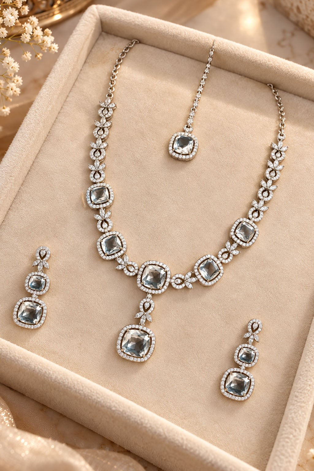Silver American Diamond Necklace – Neutral Tones