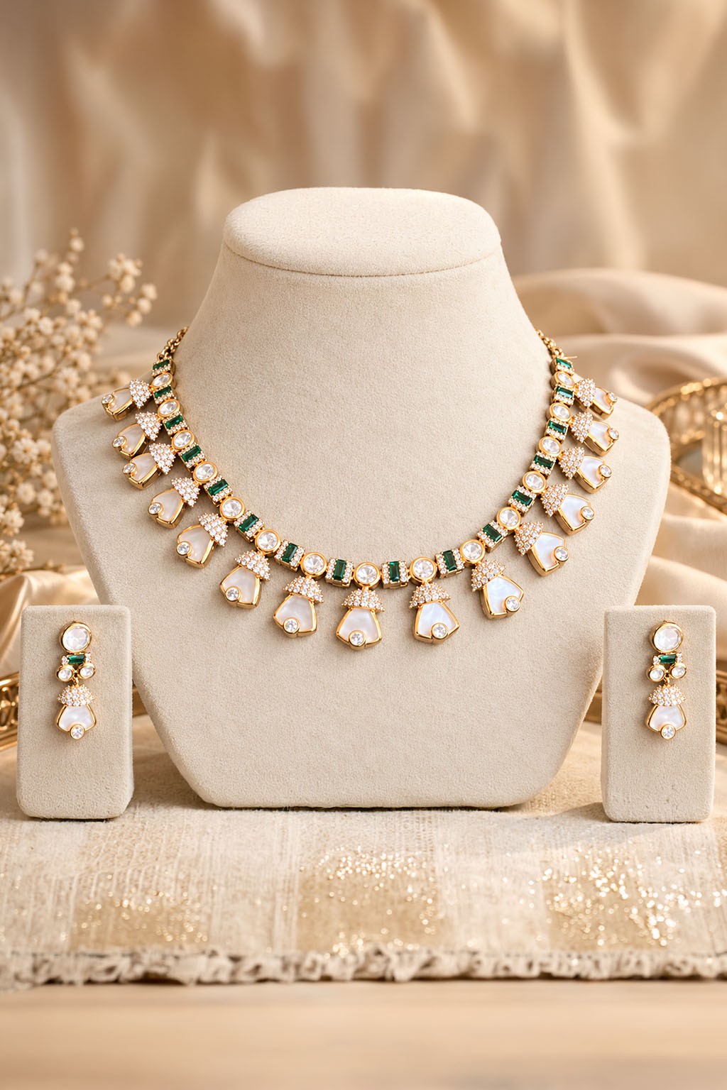 Golden Green & Moonstone Round Necklace with Earrings