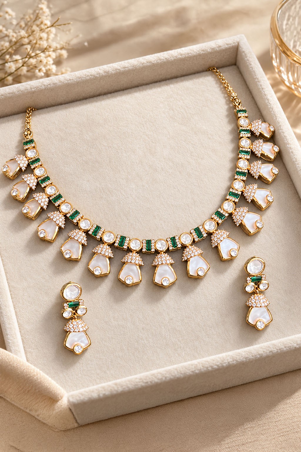 Golden Green & Moonstone Round Necklace with Earrings