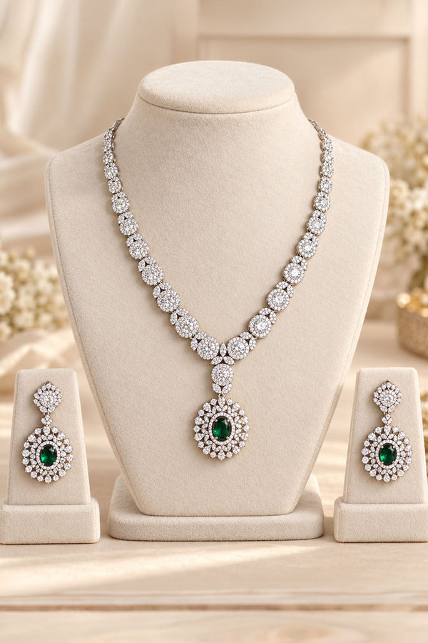 Silver V Necklace with Emerald Green Stone & Earrings