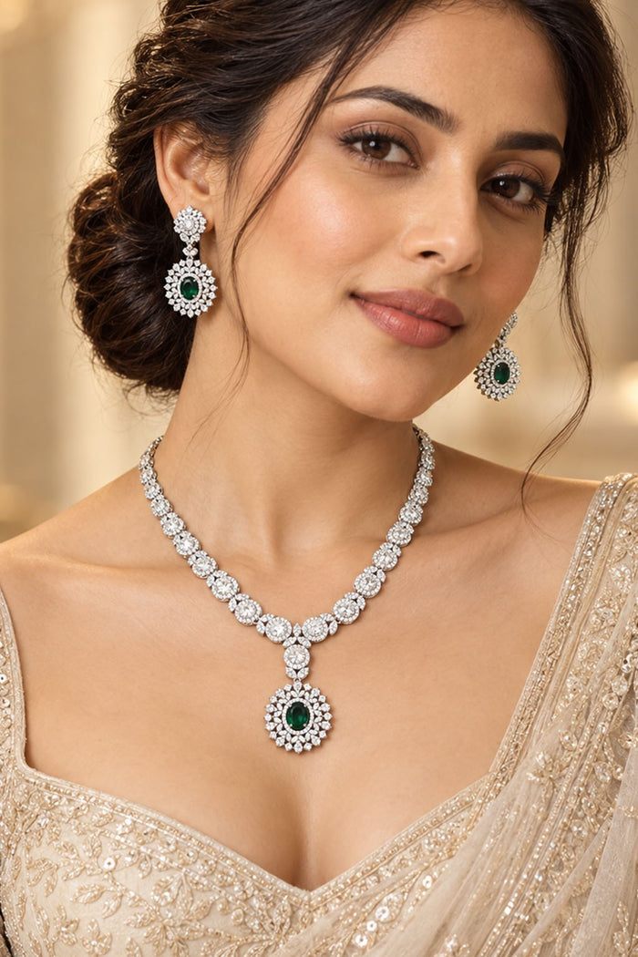 Silver V Necklace with Emerald Green Stone & Earrings