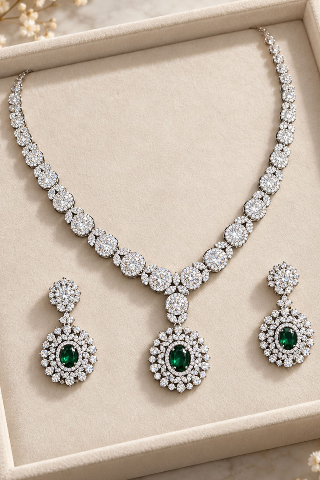 Silver V Necklace with Emerald Green Stone & Earrings