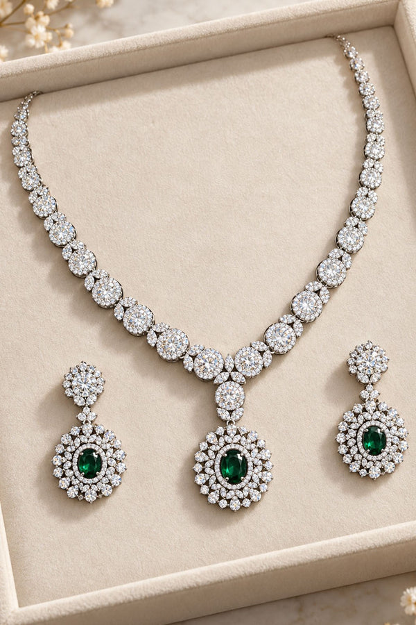 Silver V Necklace with Emerald Green Stone & Earrings