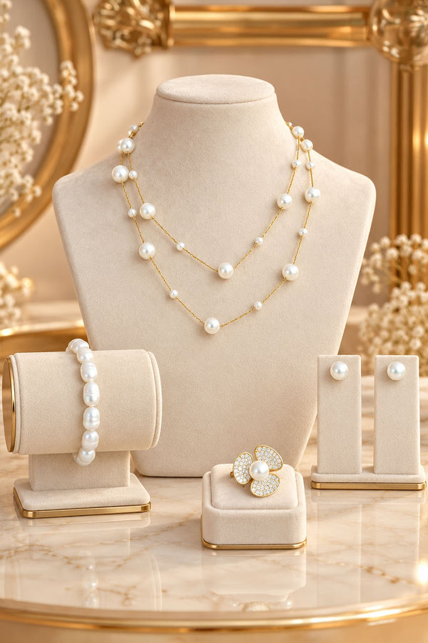 Golden Moti Pearl Set – Two-Layer Necklace, Bracelet, Earrings & Ring
