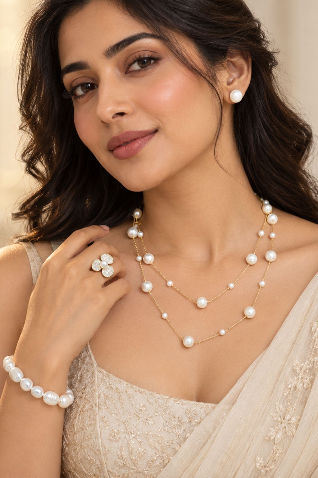 Golden Moti Pearl Set – Two-Layer Necklace, Bracelet, Earrings & Ring