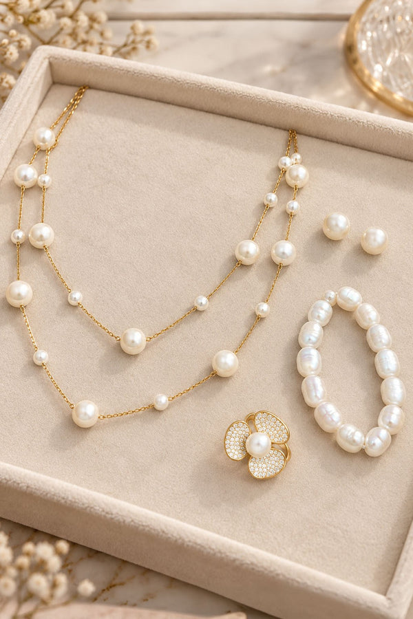 Golden Moti Pearl Set – Two-Layer Necklace, Bracelet, Earrings & Ring