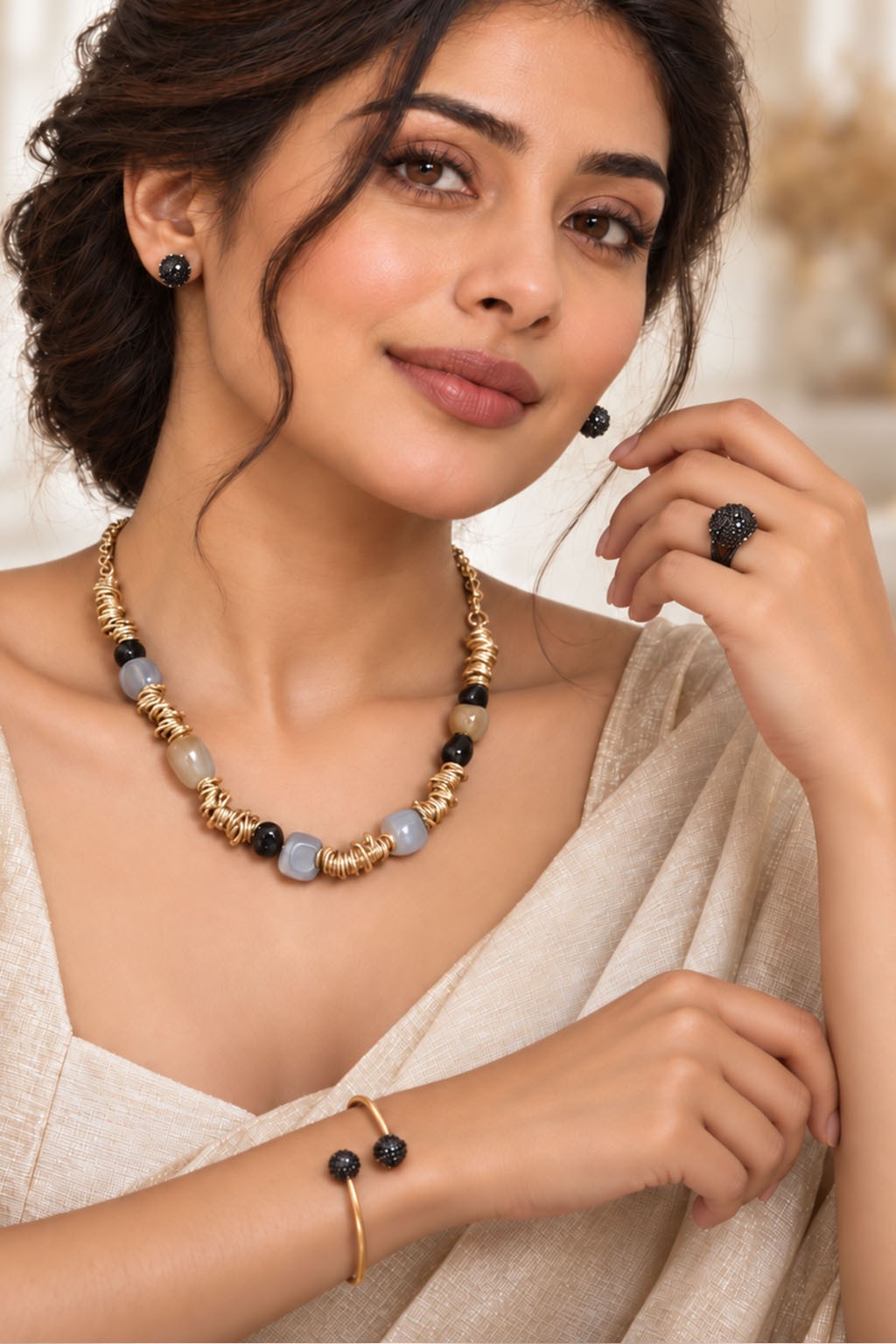 Golden Beads & Black Onyx Set