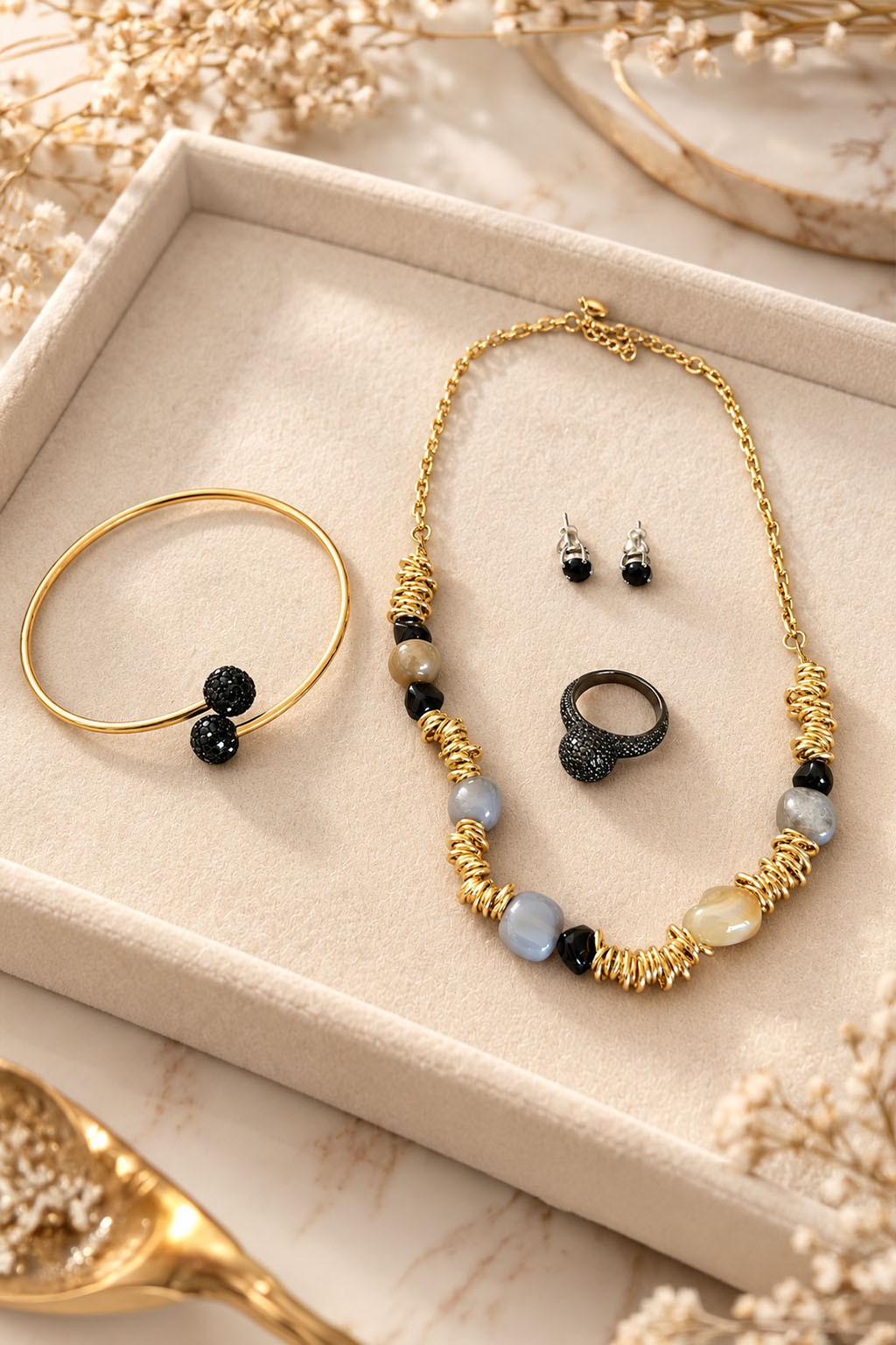 Golden Beads & Black Onyx Set