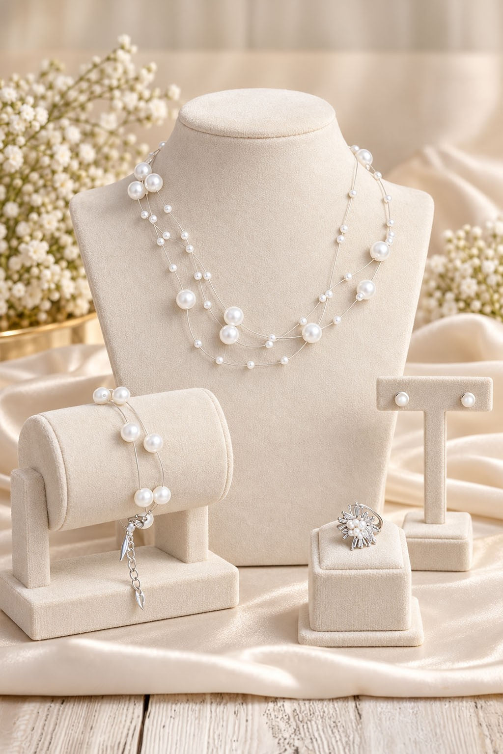 Silver Moti Pearl Set – Two-Layer Necklace, Bracelet, Earrings & Ring