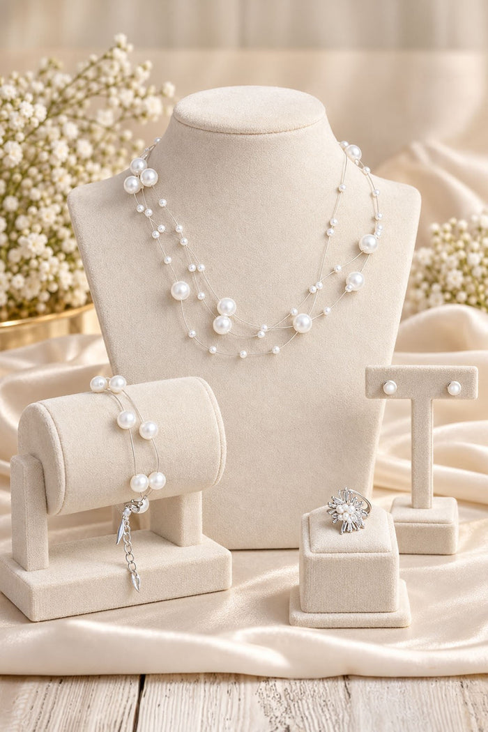 Silver Moti Pearl Set – Two-Layer Necklace, Bracelet, Earrings & Ring