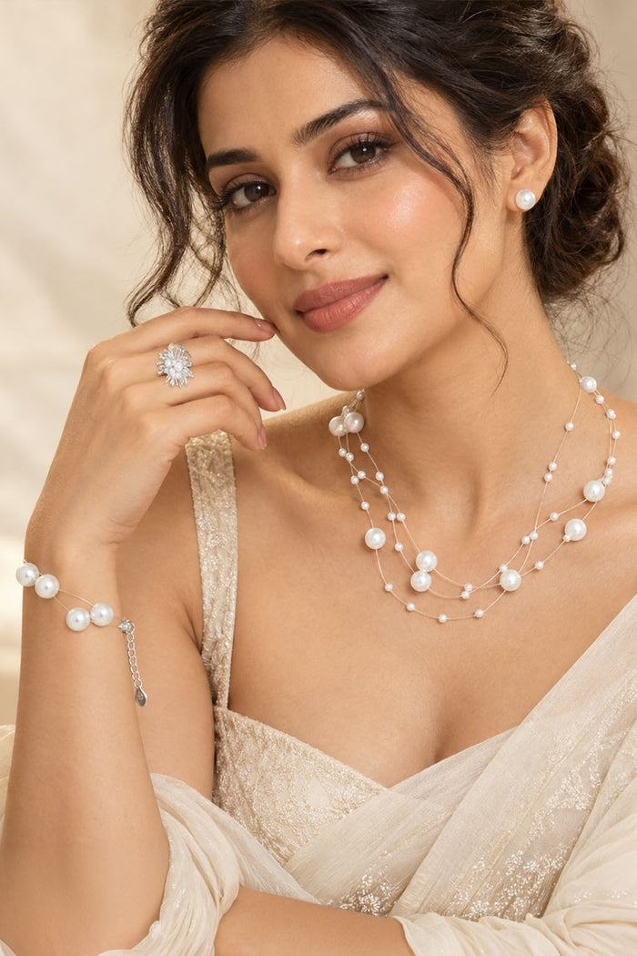 Silver Moti Pearl Set – Two-Layer Necklace, Bracelet, Earrings & Ring
