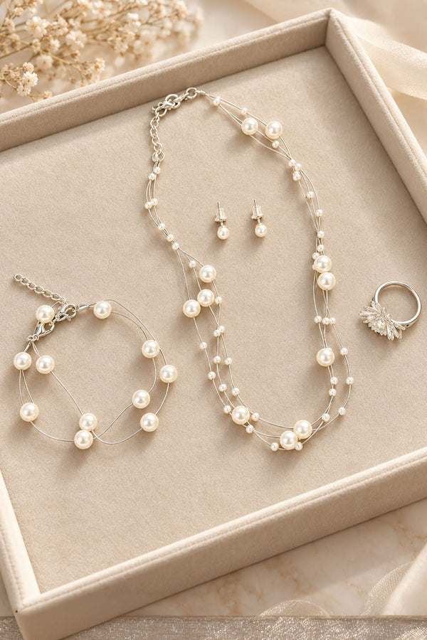 Silver Moti Pearl Set – Two-Layer Necklace, Bracelet, Earrings & Ring