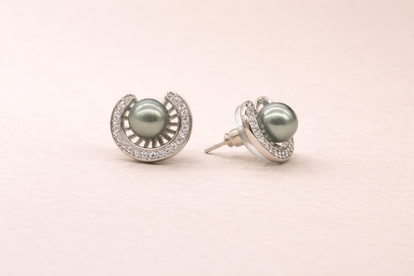 Diamond & Grey Pearl Fancy Earring for Women (Design 2) – Silver