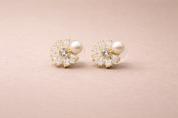White Pearl & Crystal Fancy Earring for Women – 18K Gold Plated