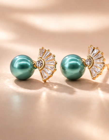 18kt gold polish with crystal & green pearl anti tarnish anti allergic fancy earring for girl