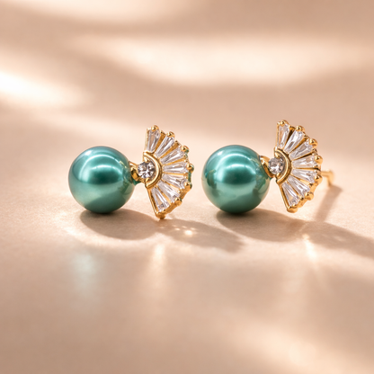18kt gold polish with crystal & green pearl anti tarnish anti allergic fancy earring for girl