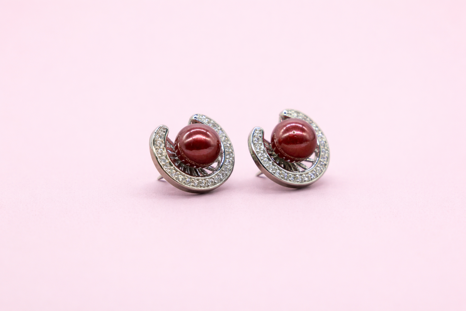 Stainless Steel with Silver Polish with Diamond & Red Pearl Anti-Tarnish & Anti-Allergic Fancy Earring for Girls (Design 2)
