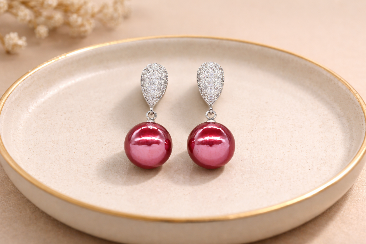 Stainless Steel with Silver Polish with Diamond & Red Pearl Anti-Tarnish & Anti-Allergic Fancy Earring for Girls (Design 1)