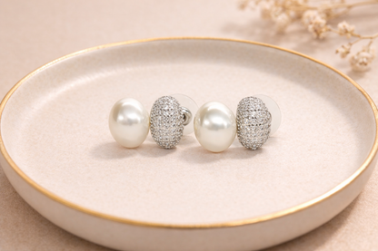 stainless steal with silver polish with diamond & white pearl anti tarnish anti allergic fancy earring for girls