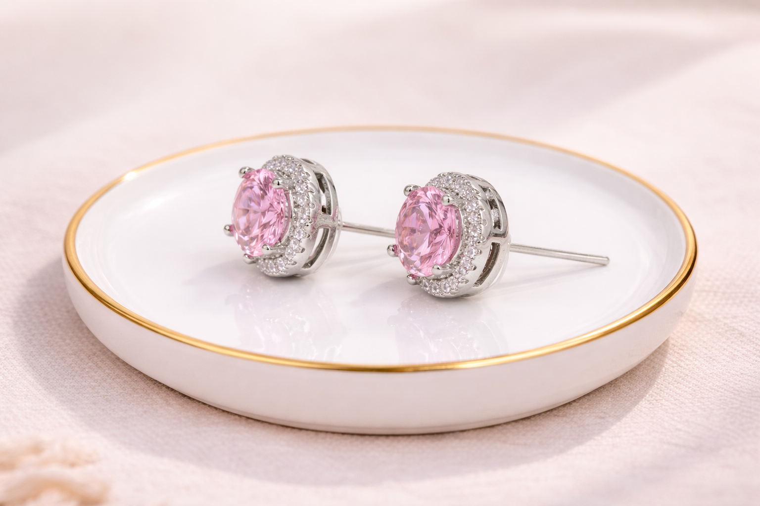 Stainless Steel Silver Polish with Diamond & Pink Swarovski Stone White Anti-Tarnish & Anti-Allergic Fancy Earring for Girls