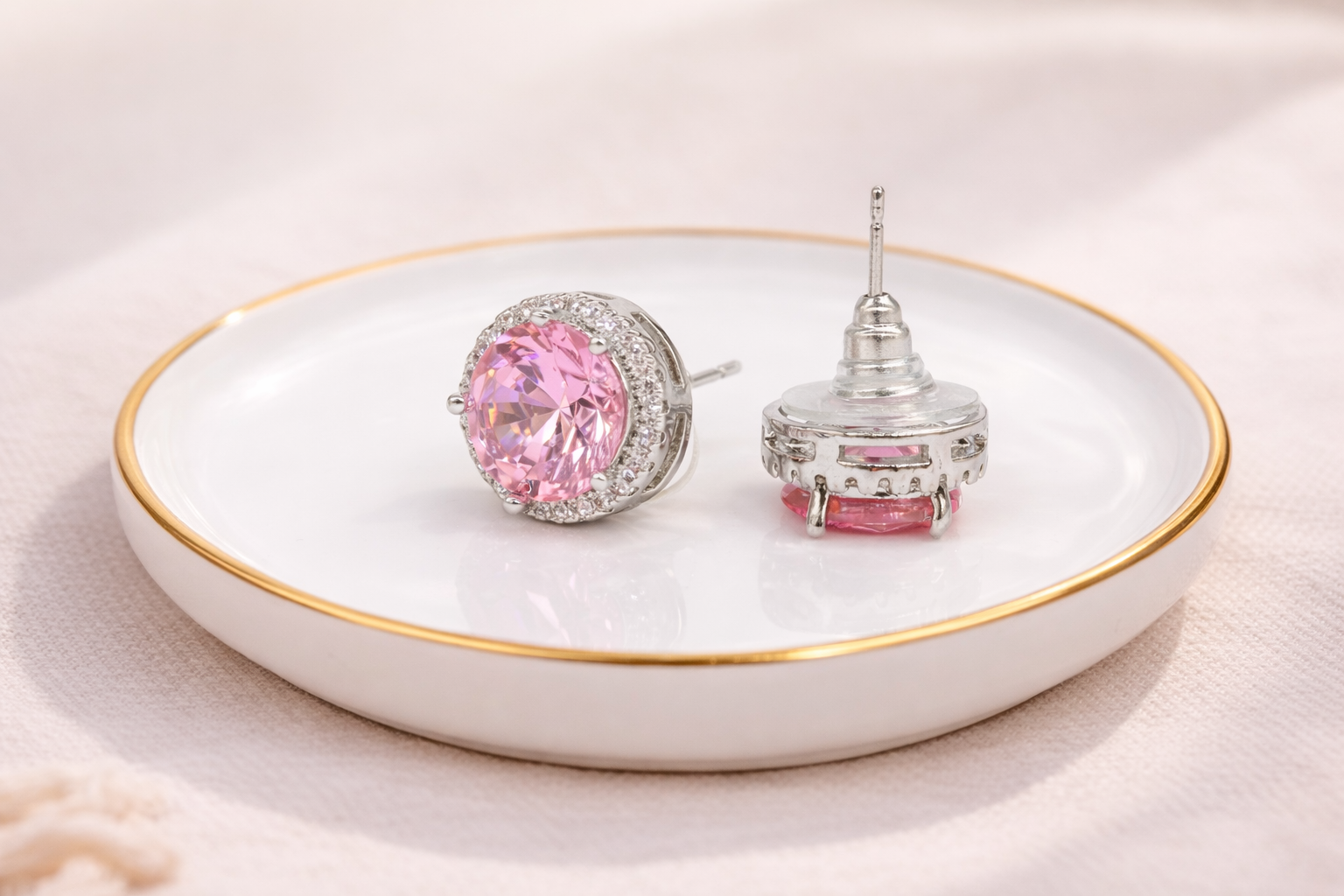 Stainless Steel Silver Polish with Diamond & Pink Swarovski Stone White Anti-Tarnish & Anti-Allergic Fancy Earring for Girls