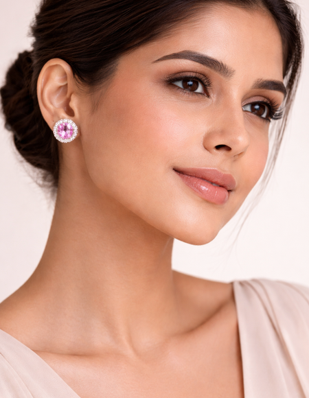 stainless steel silver polish with diamond & pink swarovski stone white anti tarnish anti allergic fancy earring for girls
