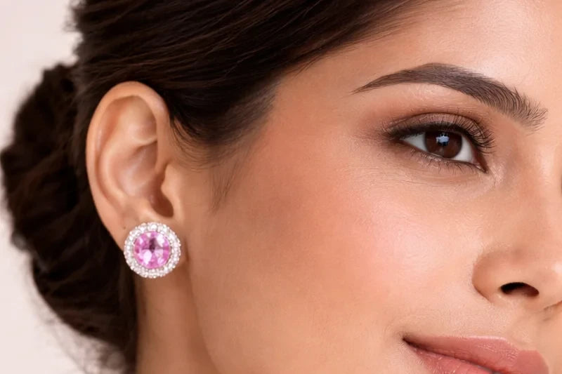 Stainless Steel Silver Polish with Diamond & Pink Swarovski Stone White Anti-Tarnish & Anti-Allergic Fancy Earring for Girls