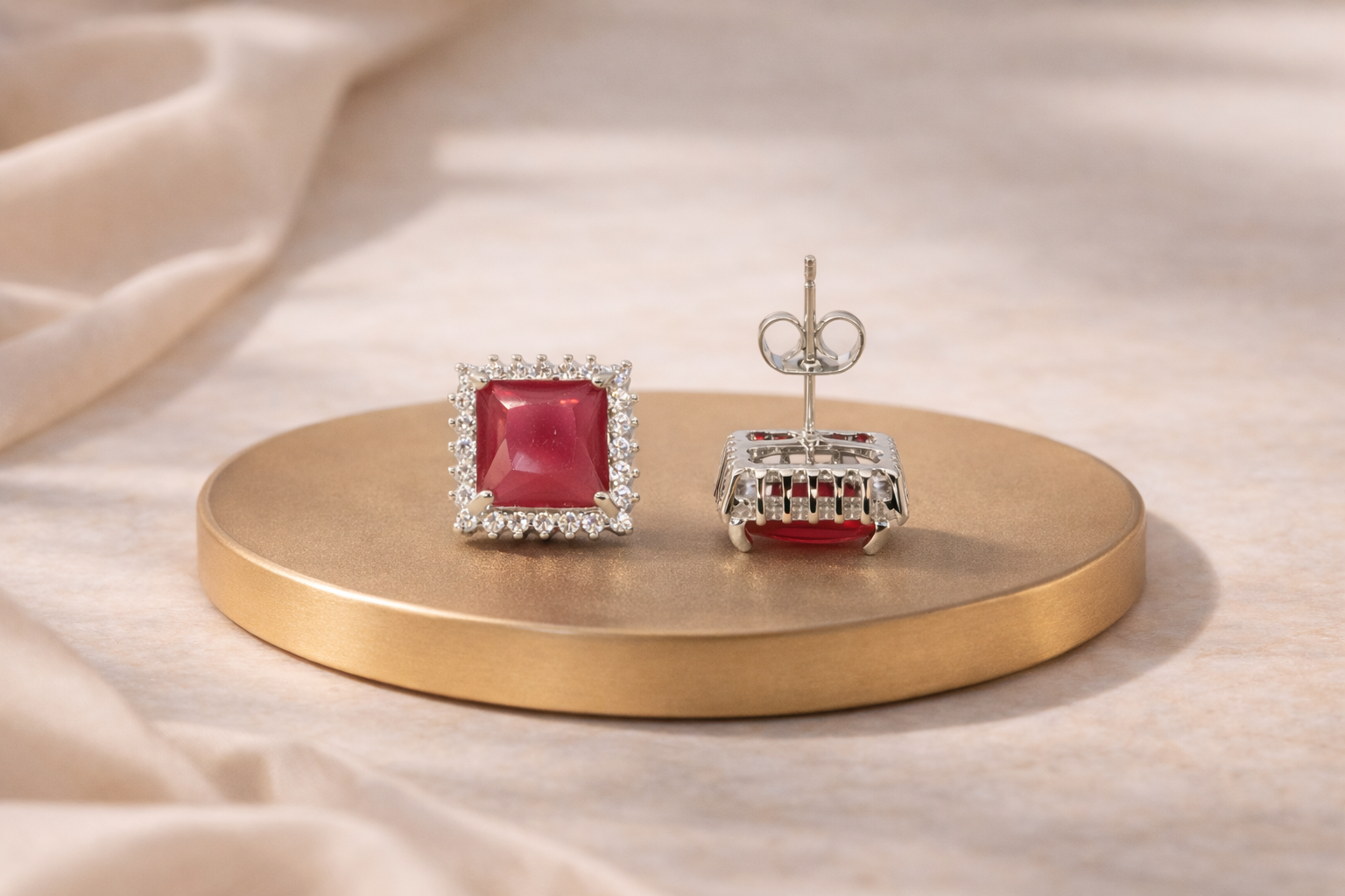 Stainless Steel Silver Polish with Ruby Stone Anti-Tarnish & Anti-Allergic Fancy Earring for Girls (Design 2)