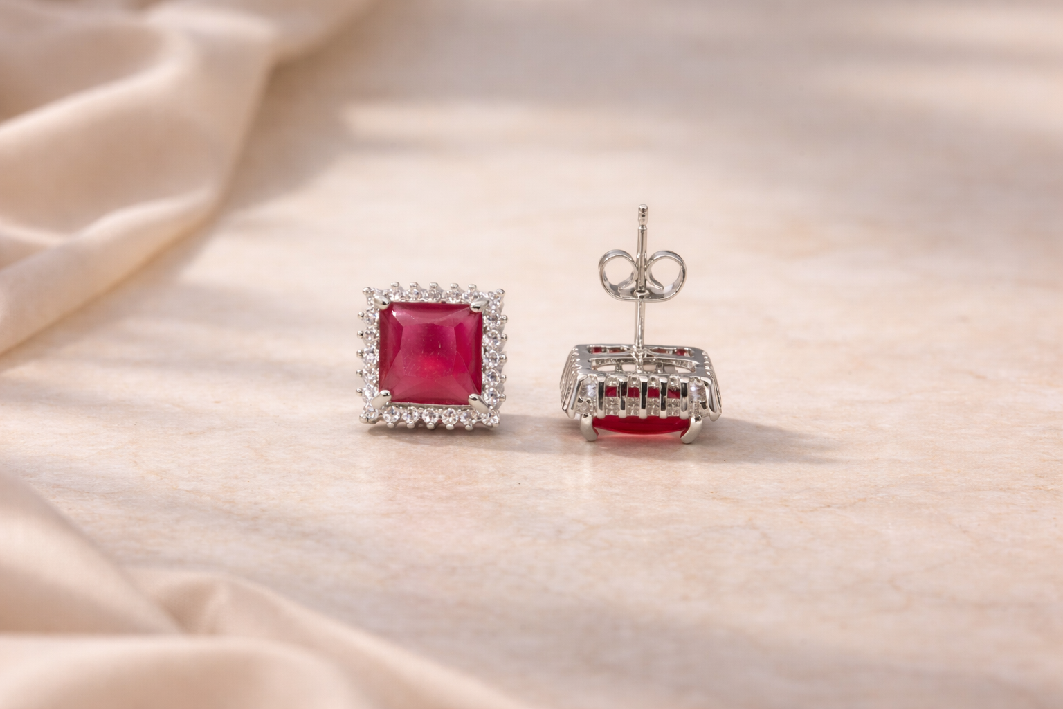 Stainless Steel Silver Polish with Ruby Stone Anti-Tarnish & Anti-Allergic Fancy Earring for Girls (Design 2)