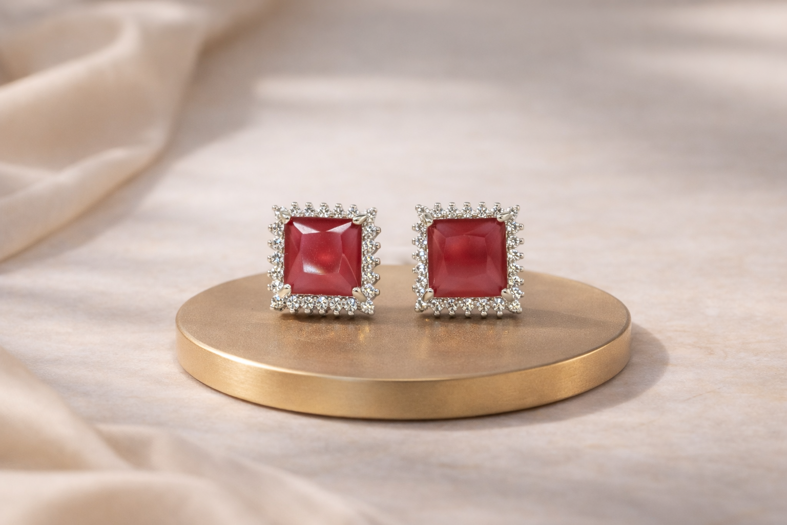 Stainless Steel Silver Polish with Ruby Stone Anti-Tarnish & Anti-Allergic Fancy Earring for Girls (Design 2)