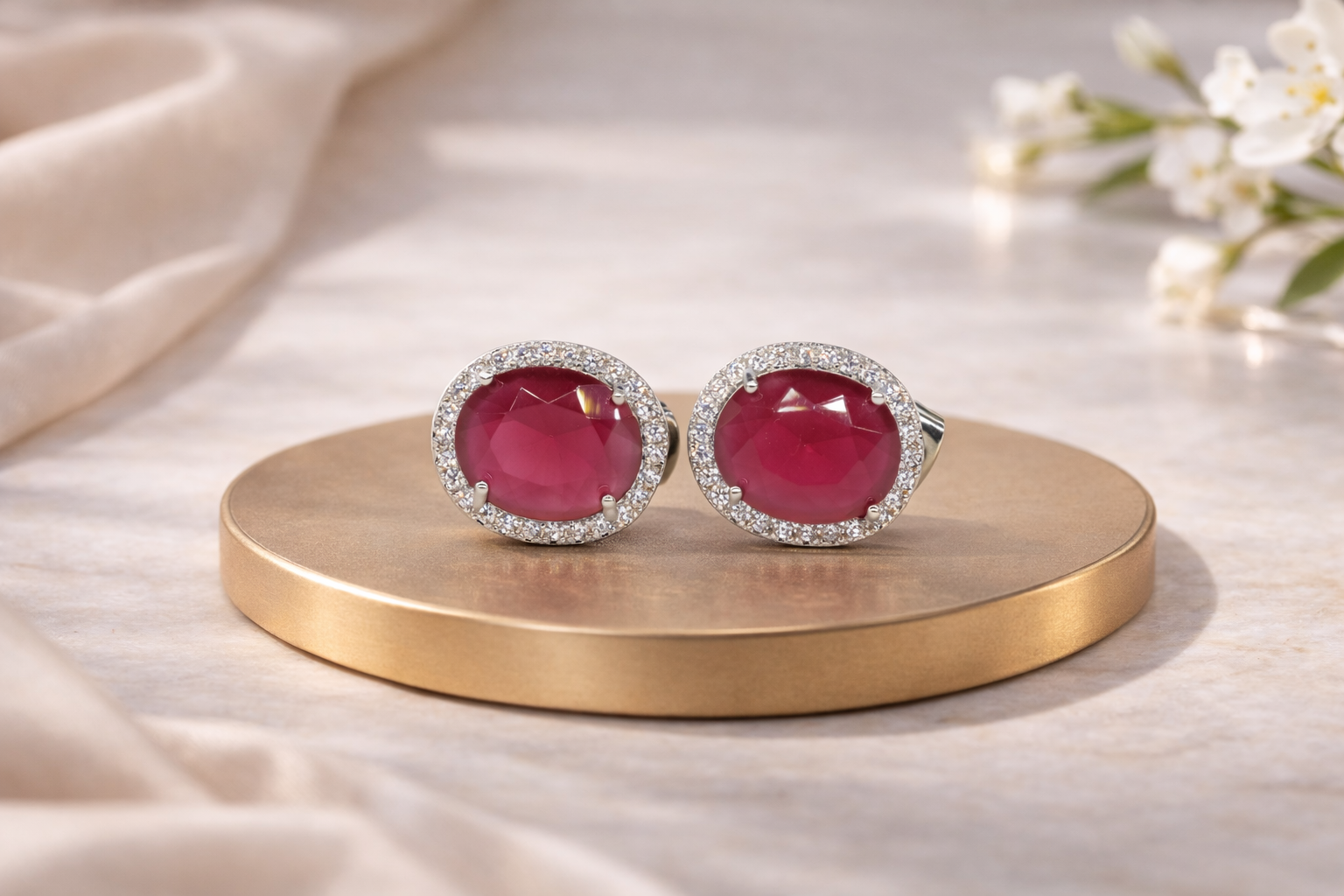 Stainless Steel Silver Polish with Ruby Stone Anti-Tarnish & Anti-Allergic Fancy Earring for Girls (Design 1)